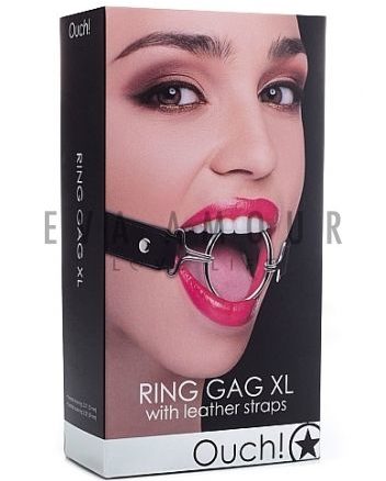 Packaging for an o-ring gag with a woman who has her mouth held open by a metal ring gag on a leather strap