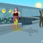 Woman skips down the street with the sun shining from beneath her skirt - flowers whistle happy tunes at her while onlookers clap and celebrate her