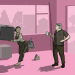 Woman carries a box in her hands and balances another on her foot, smiling, while a man holding a mug of tea looks on
