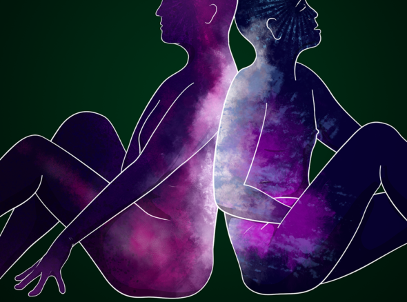 Two people, depicted as simple line drawings sit back to back. Where their backs touch, they radiate heat and light that looks like a nebula