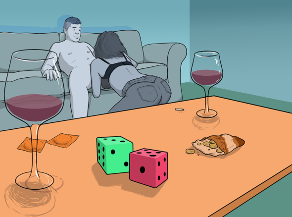 Naked guy sits on sofa while a woman gives him a blow job - in the foreground on a coffee table are condoms, wine and a pair of dice showing eight