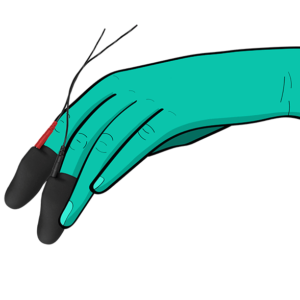 illustration of a hand wearing two black silicone finger pads