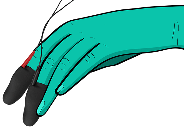 illustration of a hand wearing two black silicone finger pads