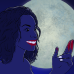 Woman with remarkably big teeth grins at her fingers, smeared with period blood, in front of a full moon
