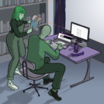 Guy sits at computer desk which has GOTN's blog on the screen, and a dildo beside him, while GOTN holds a picture from the blog near him and shows him a post she has drafted