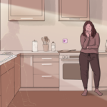 Woman leans against the kitchen countertop looking wistful - in the shaft of sunlight coming in through the window we can see the faint outline of a man
