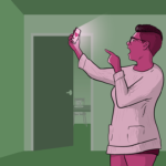 Angry looking woman yelling at her phone on the screen of which is an image of a broken heart