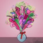 Image that looks like a boquet of flowers in a vase from a distance, but when you zoom in it's a bouquet of sex toys including dildos, rabbit vibes, Doxy wands and more