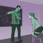 Man standing in front of a blackboard holding a mouth and a penis puppet while a woman kneels on a chair in front of him, eagerly awaiting his instructions on how to suck his dick