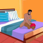 Two people fighting/wrestling naked on a bed, both of them are smiling to show it is fun play