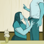 Woman kneels in front of a man who has his trousers undone. She holds a finger to her lips, and he is wagging a finger at her. On the table in front of them there is a bowl of vanilla ice cream