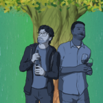 Two guys standing under a tree holding wine, looking grumpily out at the rain that is pouring all around them