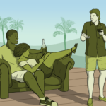 On a sunny deck, two people sit cuddled up together on a sofa chilling out, as someone else walks past with a drink in hand asking them a question as they pass