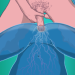 Close-up view of two people having sex - a blue body with legs spread wide and a pale pink body holding their bare dick right at the entrance to the other's cunt