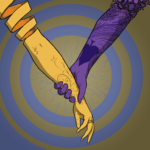 Image of one hand (in purple) grabbing another (yellow) by the wrist. Each arm has beautiful tattoos, and the yellow one being grabbed ends in a paperlike spiral up the forearm to emphasise vulnerability