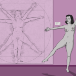 Naked woman stands next to a drawing of an ideal person - in the style of Leonardo Da Vinci's man sketches - she is trying to copy the pose of the person in the drawing