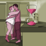 In the foreground, an hourglass half-filled with sand starts to run out. In the background a couple are indulging in a mindful make-out: snogging and clinging tightly to each other