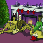 Image of a group of four sexy people gathered around a roaring fire in Christmas jumpers. Stockings hang above the fire, and on the mantelpiece candles in the shape of cocks and boobs burn brightly. Nearby, a Christmas tree is decorated with festive anal beads