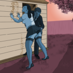 Woman in short skirt and stockings leans against a shed at sunset with her legs and arms spread. A dapper, serious-looking man in a sharp suit grips her torso with one hand and her bottom with the other
