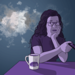 Woman with dark hair and glasses looks cynical yet tinged with hope as she imagines kissing a man - a sexy kiss is depicted in a bubble coming from her head. Next to her there is a mug with a frog that has a crown on it.
