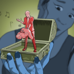 Woman with a kink for misogyny opens a tiny music box - inside it there are two figures, a woman bound and naked, being spanked by a man looking commanding and imperious