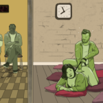 Image of (on the right) a woman being bent over and fucked with a belt round her neck, on the left the other side of a wall there are two frustrated-looking men in a waiting room. A sign displays number 627 to show which number is being served at the moment