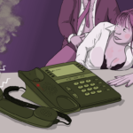 Image of a secretary in black bra and tight white blouse getting railed over the desk by a faceless boss, with shirt open and tie askew. On the desk nearby, a phone lies off the hook and from that phone crackles of noise and toxic smoke emanating from it