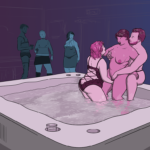 Naked woman in a hot tub being cuddled from behind by a man, while a different woman in a swimsuit in front of her fingers her cunt. They make eye contact and the woman in the middle is hot, horny and delighted. Around the tub, various people in sexy lingerie watch the horny threesome unfold