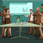 On one side of a conference table, the boss stands behind the free use secretary having ripped her shirt open to display her bra to the clients. On the other side of the conference table, three suited clients (all men) look on with leering appreciation. In the background, a projector shows charts of projections.