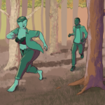 Woman in jeans that are slightly open at the fly, and an open shirt, runs away from a man in jeans and shirt who is chasing her through the trees. She is smiling and looking back over her shoulder eager to be caught. The sun is low and the light glows magical between the trees.