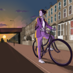 A woman who's just about to cycle away through London streets looks back over her shoulder wistfully. Behind her, the sun sets
