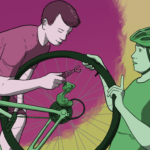 Woman holds her hand up with a finger as if to say 'no' while a man who is not helpful leans over her upside-down bike, poking at the derailleur with a bike tool. He is coloured in a flaming ball of red.