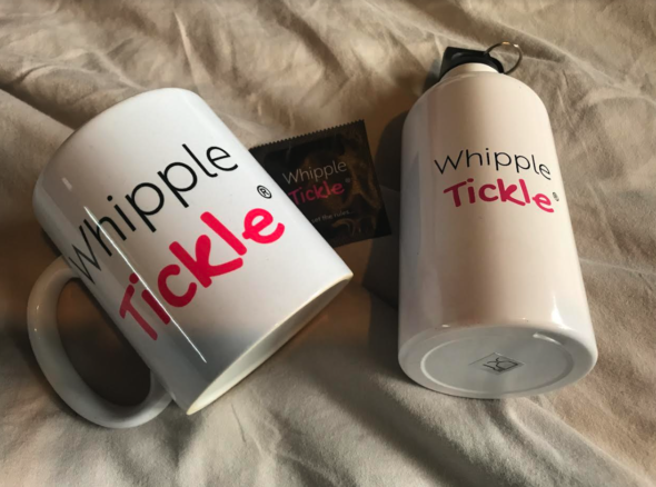 Mug, water canteen and condom branded with Whipple Tickle