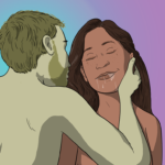 Naked man leans in towards a woman, holding her cheek in his hand and whispering into hear ear ("good girl!"), she looks blissed out, with her eyes closed and drool running from her mouth