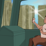 Woman sitting at the front of the DLR, with skyscrapers on a sunny morning visible in the background. She holds her phone up to take a selfie with one hand, with her other she pulls her top down to expose one breast, with silver nipple clamp attached