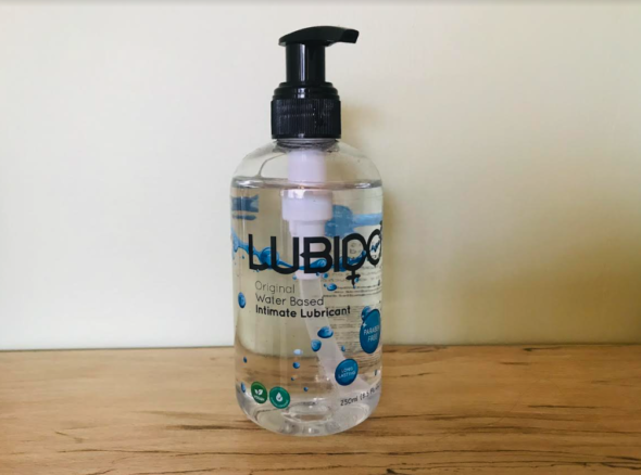 Image of a Lubido pump-action lube bottle mostly full of clear liquid