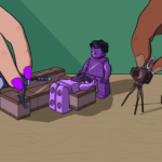 Two hands position tiny lego figurines over Lego-constructed spanking benches, with a sex machine made of Lego and a small camera made of Lego also being positioned