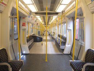 Inside of a circle line carriage - wide, spacious and empty for a promo shot