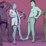 Four sexy men in fishnets with a variety of body types making various hot model poses. One has sexy knickers beneath the tights, another has a shirt and tie, two more are wearing them completely naked but for the fishnet tights