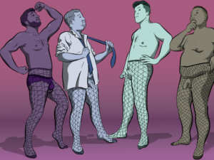 Four sexy men in fishnets with a variety of body types making various hot model poses. One has sexy knickers beneath the tights, another has a shirt and tie, two more are wearing them completely naked but for the fishnet tights