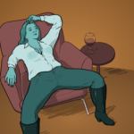 A woman wearing tight jeans, knee-high boots and a shirt that exposes her magnificent cleavage plays with her hair and slouches in an archair with a 'come get me' look on her face