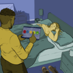 Naked woman lies in bed looking happy, and her lover who is now dressed stands next to the bed holding an iPad with a series of faces from 'red - sad' to 'dark green - happy', finger poised ready to give his review of GOTN's sexual performance