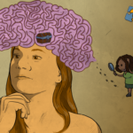 Image of a woman with hand on her chin, thinking pensively. Her brain sits on top of her head like a beret, and inside is a swirling pattern that makes a line-search puzzle - in the centre of the puzzle is a locked box, and to the right a small icon figure holds a magnifying glass, about to try and follow the trail into the center of the brain puzzle.