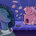 Paypig load - Woman tips her head back and opens her mouth like she's about to receive a load, and next to her a giant piggybank with its tummy hole open sprays coins out like it is giving it to her