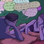 Woman in bra and knickers lies on bed looking disheartened while a topless man spouts many different multi-coloured speech bubbles with exclamation points but no text