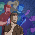 In the foreground, a man looks thoughtful, and behind him five different versions of himself - each coloured differently - expresses strong emotions. Red is anger, blue is a calm version of himself, there's a very confused purple, a frustrated yellow and a surprised green version