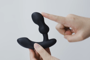 Black silicone prostate toy with two lumps in the insertable section, and a long base with lump at perineum position
