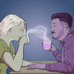 Two people look flirtatiously at each other over a table. They are drinking hot drinks, and one has the mug lifted to their mouth. They make eye contact and the steam from their drinks intertwines like connection.