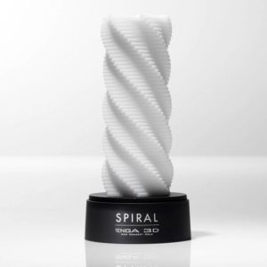 White masturbation sheath, inside out on black stand, showing a ripple effect made of geometric lines staggered in a spiral