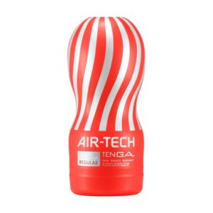 Red 'cup' shaped masturbator with 'air tech' written on front in silver writing